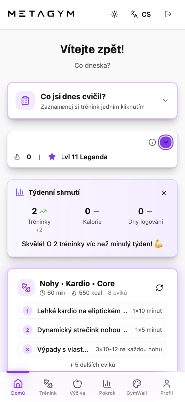 Úvodní obrazovka aplikace METAGYM DNES s týdenním shrnutím